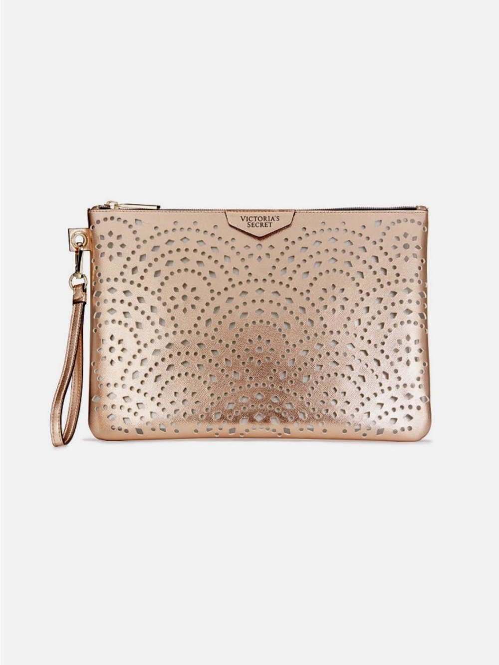 Victoria's Secret Rose Gold Laser-Cut Clutch Beauty Bag - 7.5” x 11.5”